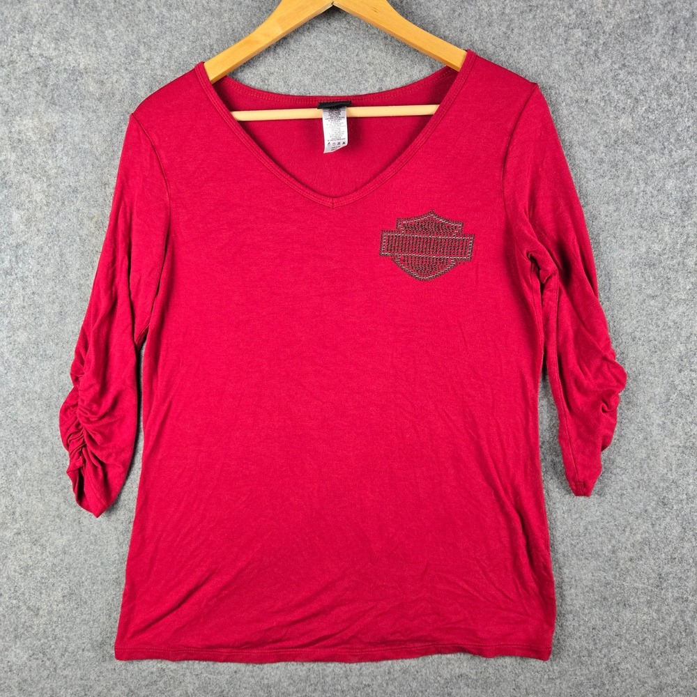 Harley Davidson Shirt Womens Medium Red Rhinestone Logo Ruched 3/4 Sleeve Biker